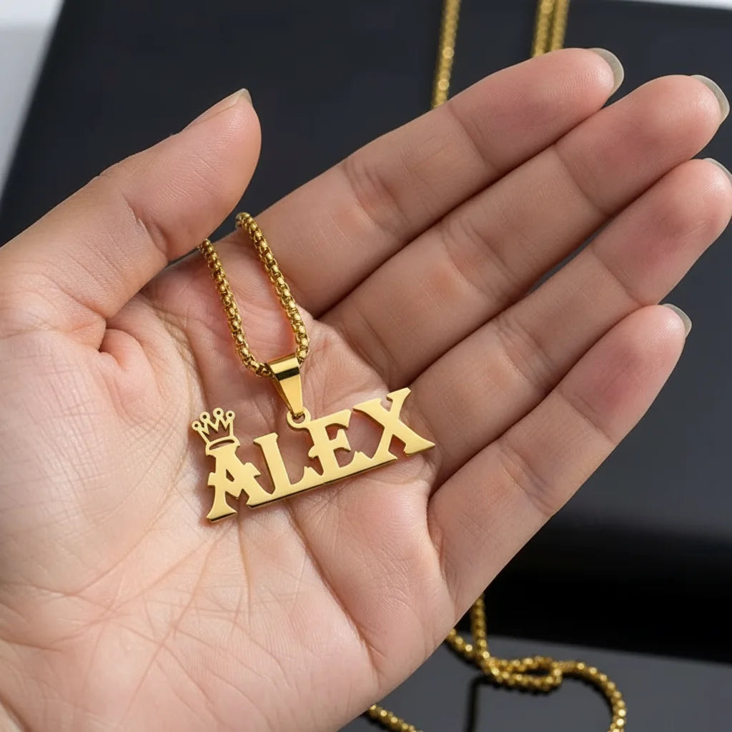 Custom Name Necklace 18K Gold Crown Pendant | Stainless Steel