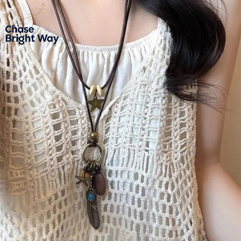 Vintage Boho Metal Feather Necklace – Long Layered Pendant