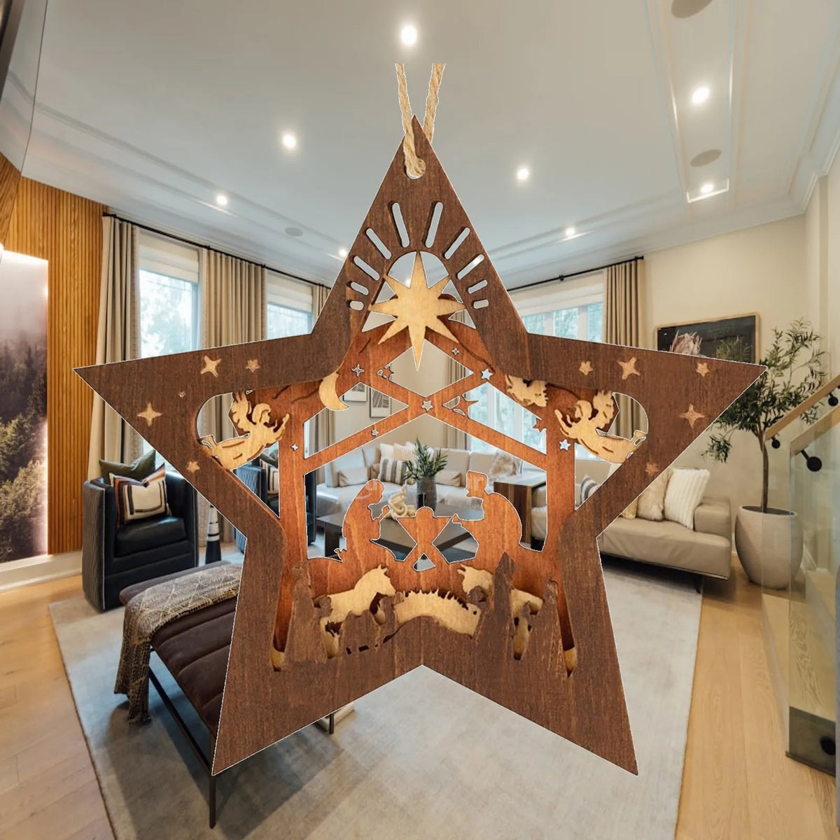 Star Shape Wooden Nativity Scene Christmas Ornament