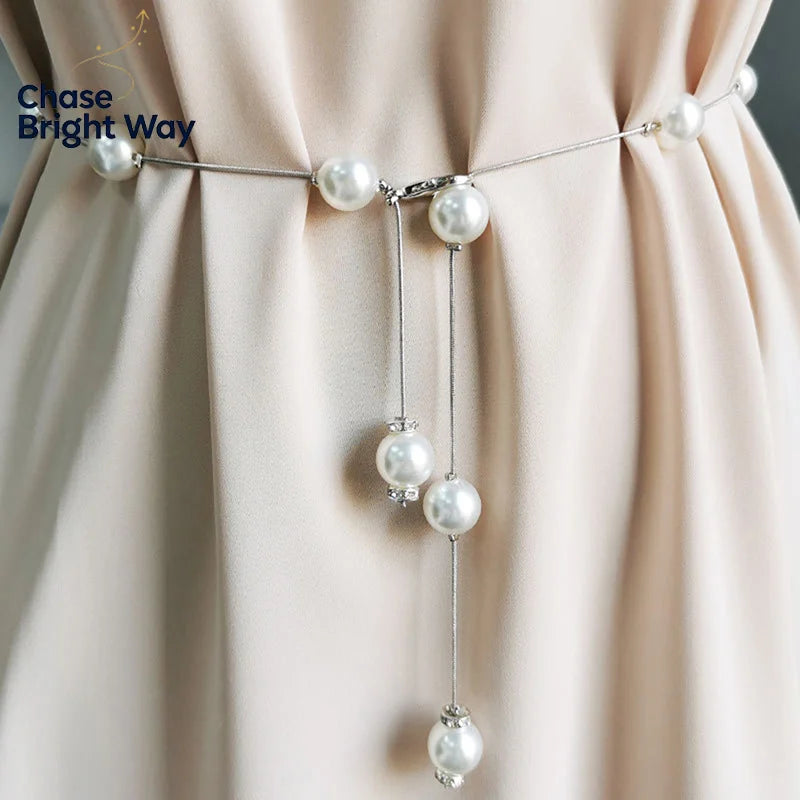 Pearl Chain Belt for Women – Adjustable Metal Waist Belt