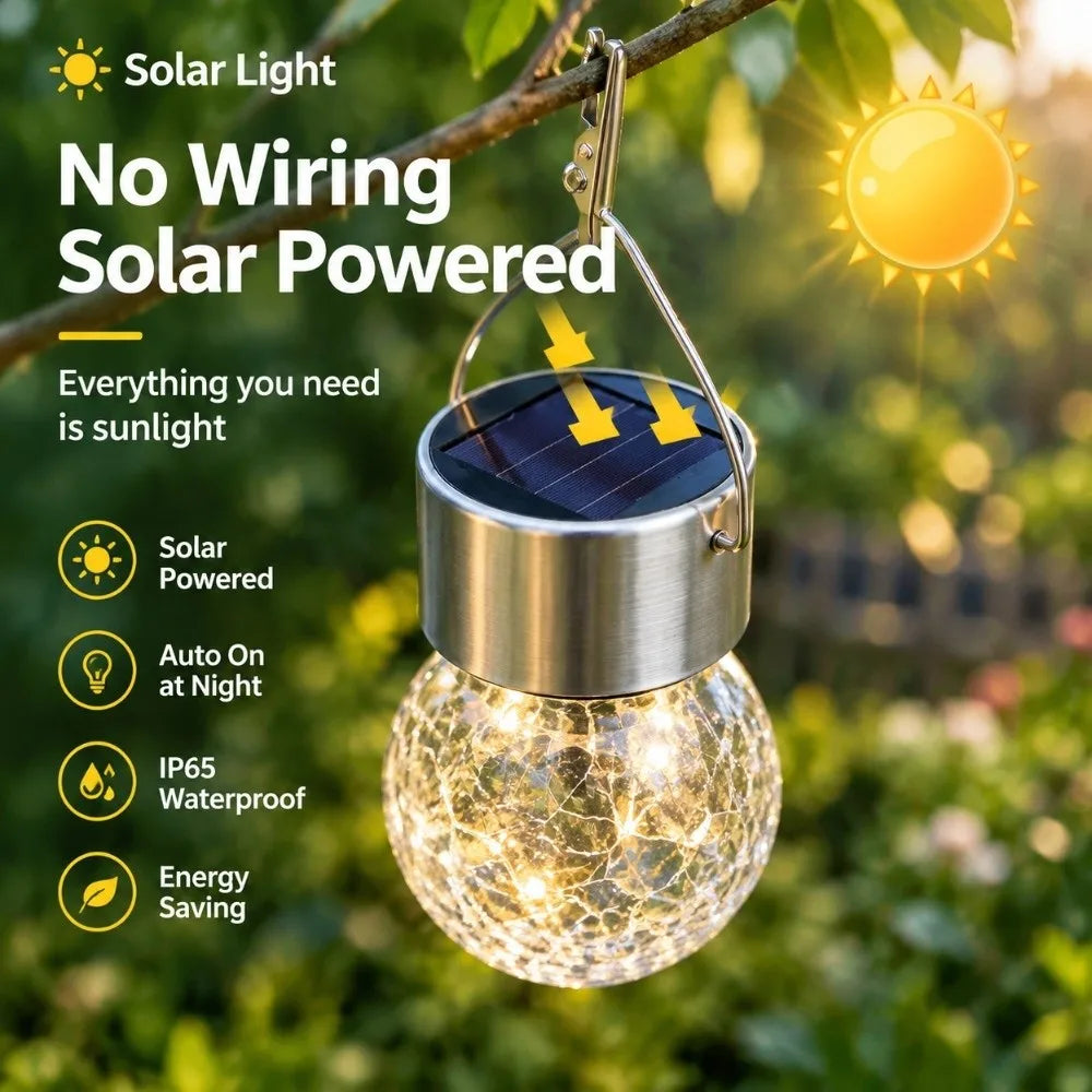 Solar Hanging Lantern – Waterproof Crackled Glass Garden Globe
