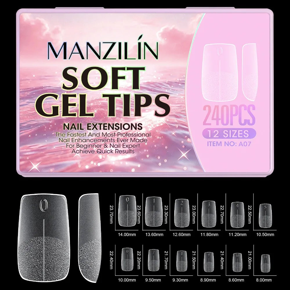 240Pcs Short Almond Soft Gel Nail Tips – 12 Sizes Full Cover