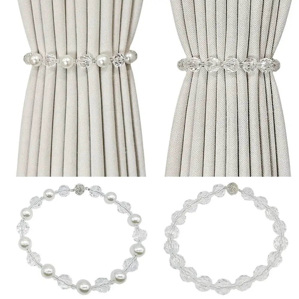 Pearl Rhinestone Elastic Curtain Tiebacks – Magnetic Buckle 2pc