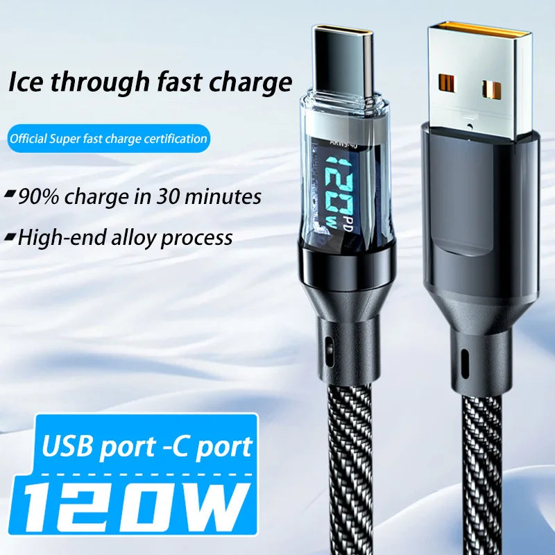 USB-A to USB-C 6A 120W Fast Charge Cable with LED Display