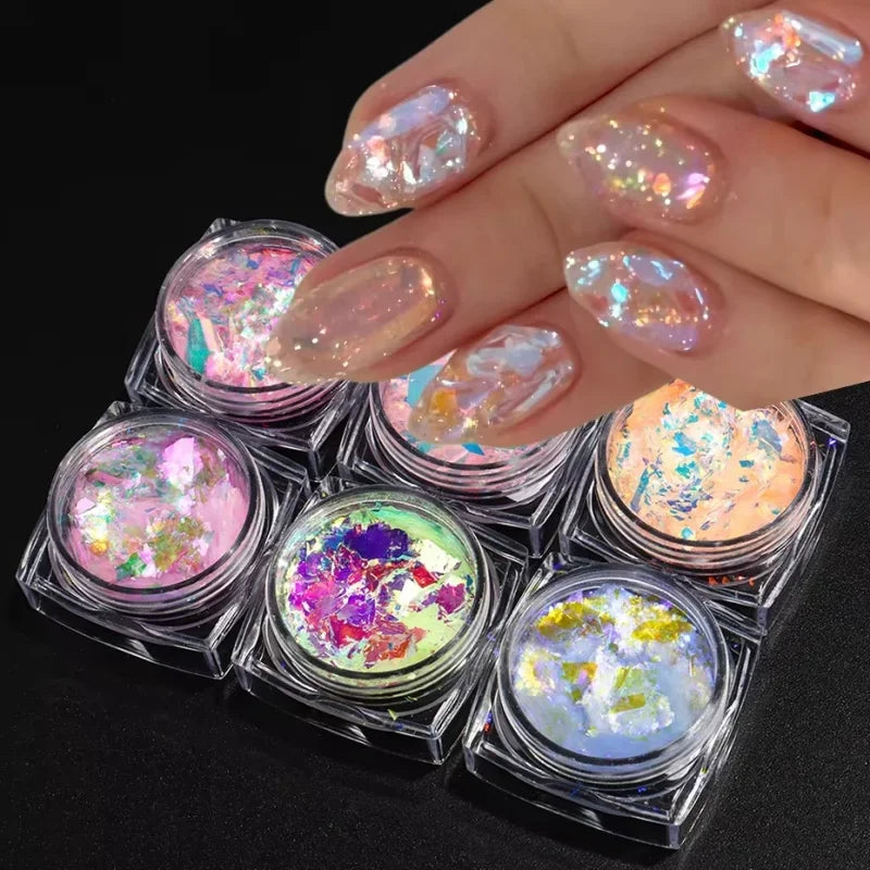6-Piece Aurora Opal Nail Glitter Flakes – Iridescent Mermaid Art