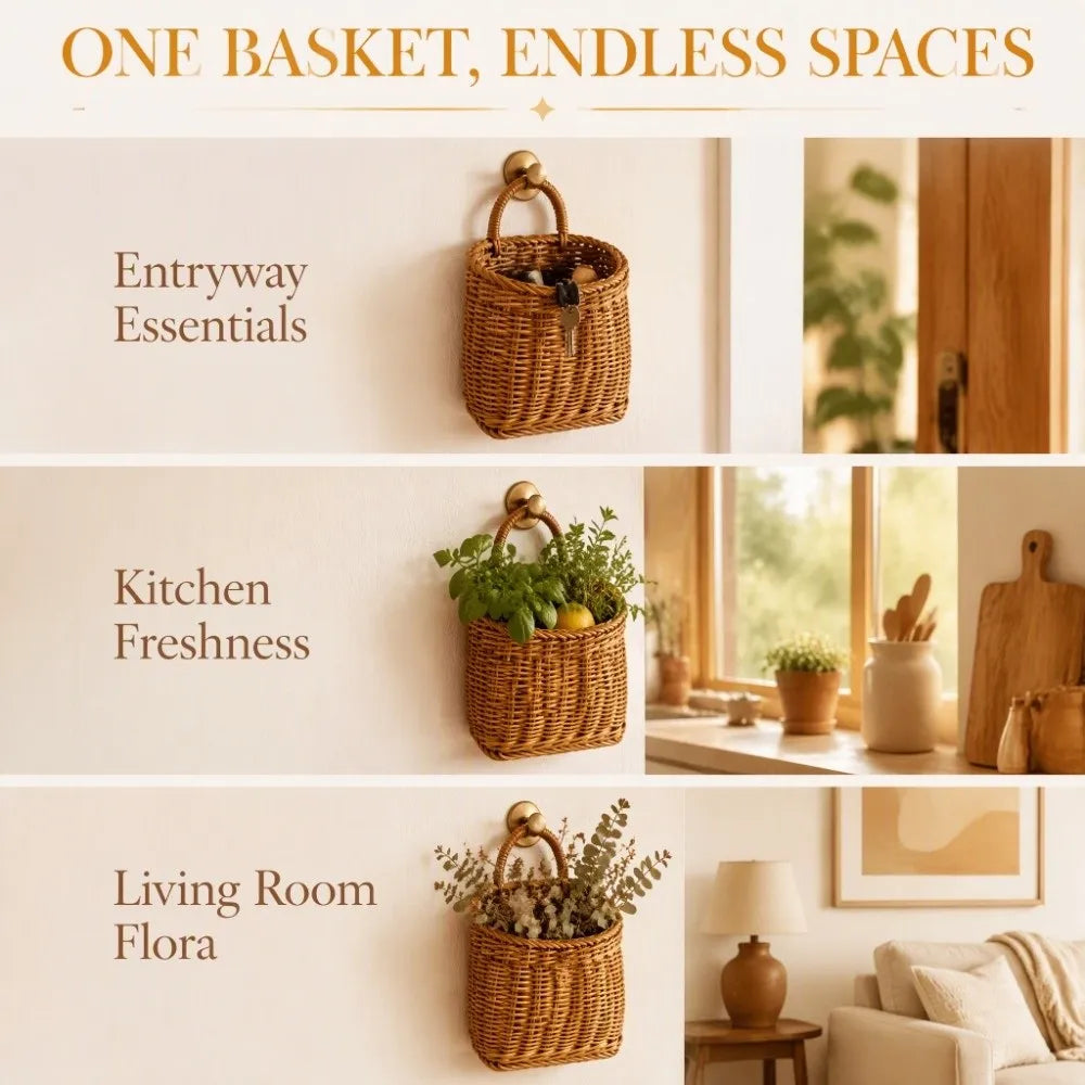 Woven Wicker Wall Hanging Basket – Rattan Storage Organizer