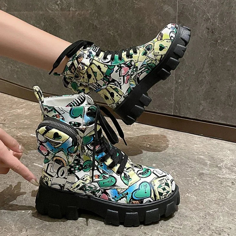 Women's Gothic Platform Ankle Boots – Printed Lace-Up Moto Style
