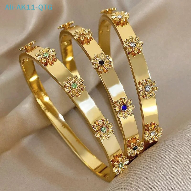 Titanium Steel Flower Rhinestone Cuff Bangle Bracelet for Women