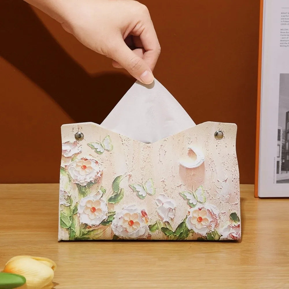 Vintage PU Leather Tissue Box Cover – Oil Painting Decor