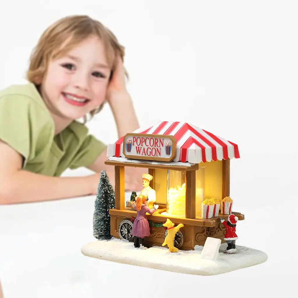 Vintage LED Christmas Snow Village House – Resin Popcorn Wagon
