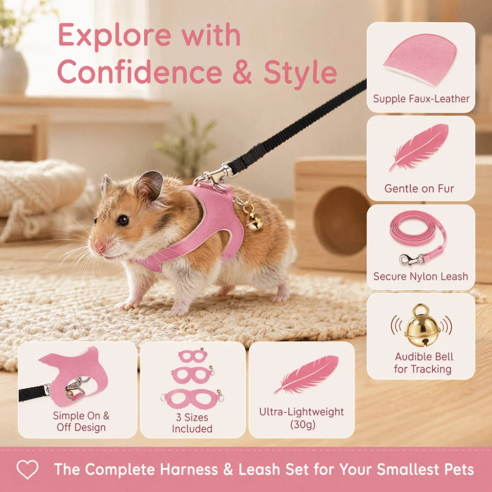 Hamster Harness & Leash Set – Faux Leather, Bells, 3 Sizes