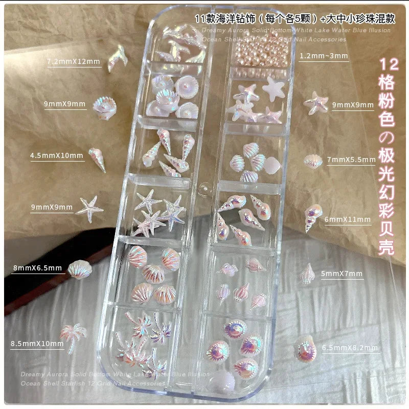 12-Grid Ocean Nail Charms – Starfish Shell Rhinestone Set