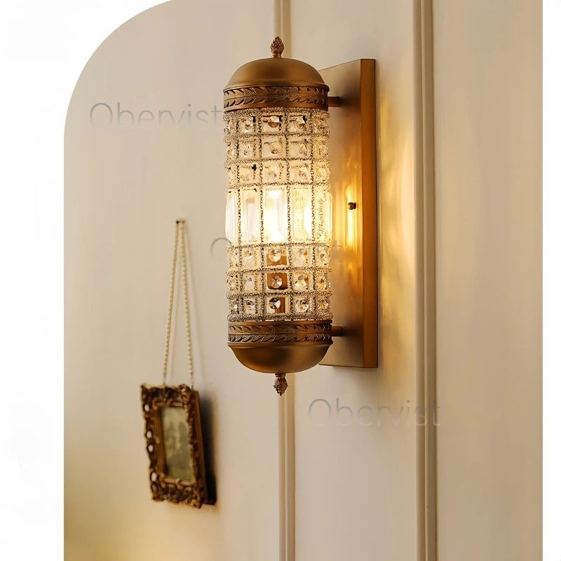 Vintage Crystal LED Wall Sconce | Gold Cylindrical Wall Lamp