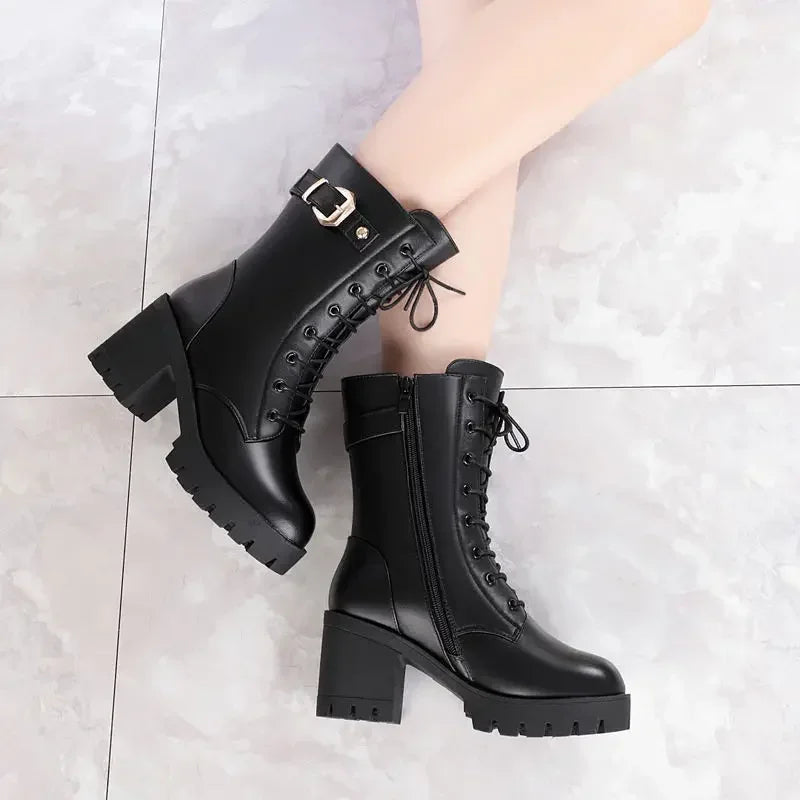 LEDP Women's Mid-Calf Platform Boots – Square Heel & Zip
