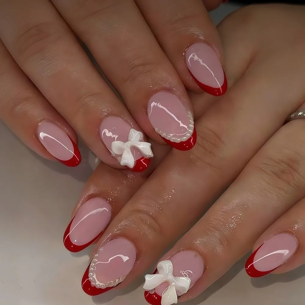 Almond Press-On Nails with Bow Charms | Glossy Full Cover Set