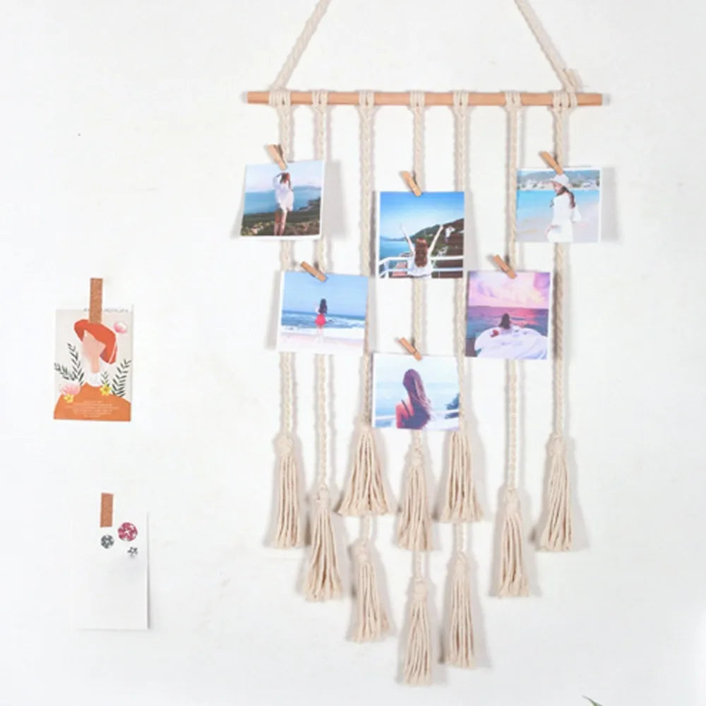 Tassel Macrame Wall Hanging – 20 Clip Photo Display Holder