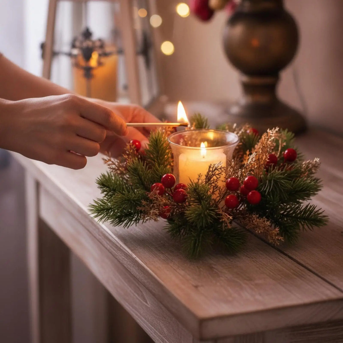 Mini Christmas Wreath Tabletop Centerpiece & Glass Candle Holder