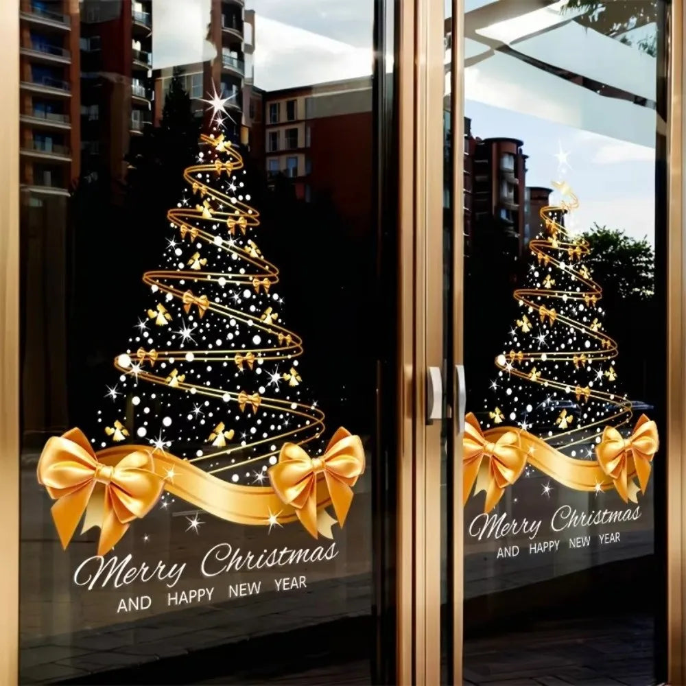 Golden Christmas Tree Window Decals – PVC Self-Adhesive Clings