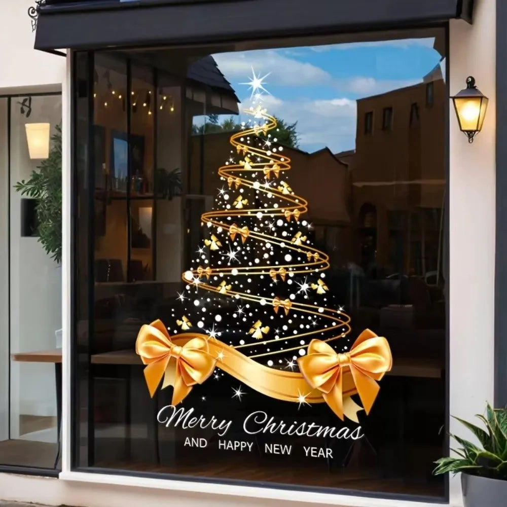 Golden Christmas Tree Window Decals – PVC Self-Adhesive Clings