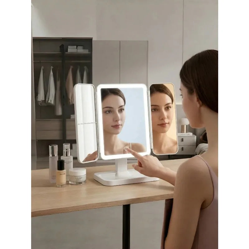 Trifold LED Makeup Mirror – Dimmable 3X/2X/1X Vanity Light