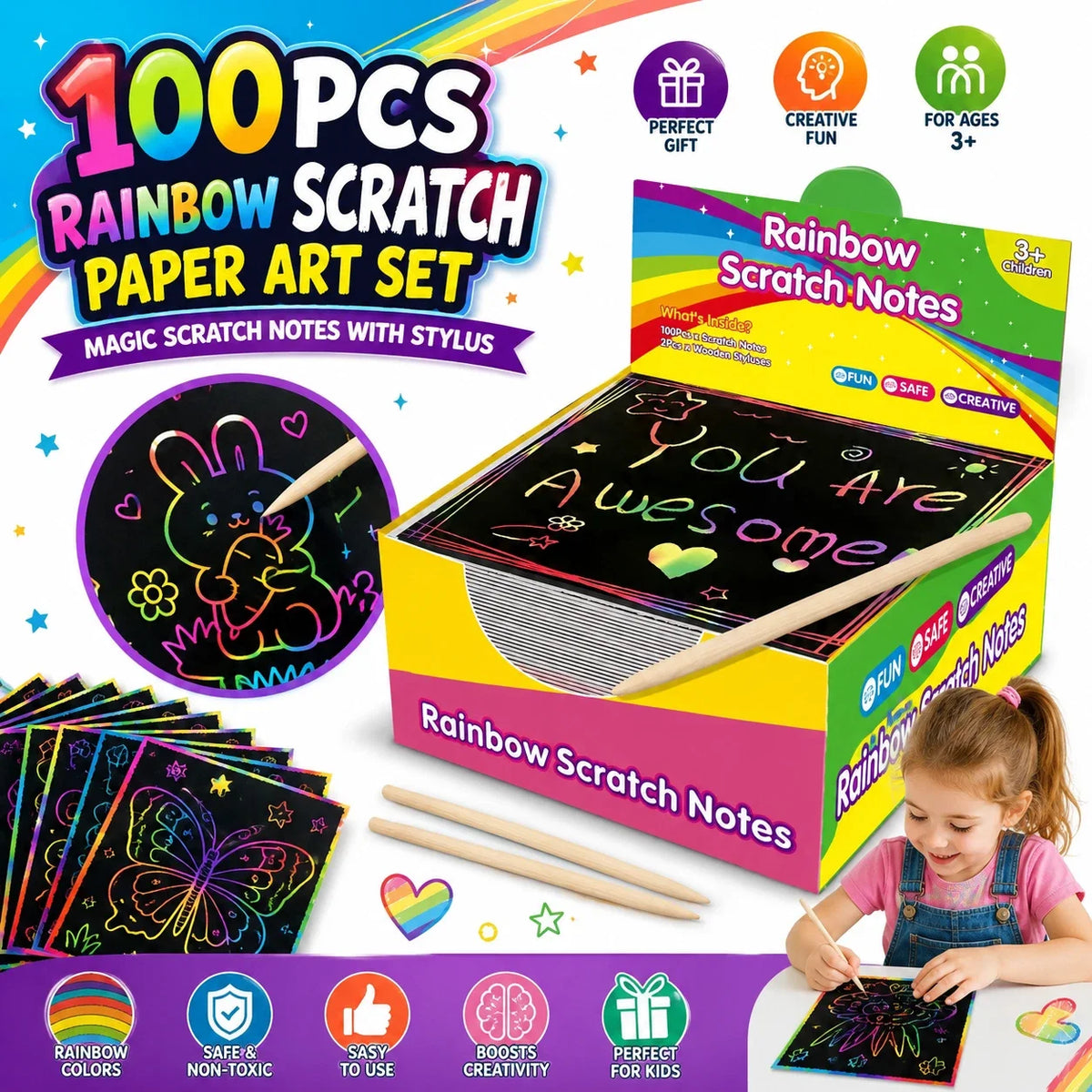 Rainbow Scratch Art Notes 50/100/150 Sheets – DIY Kids Craft Kit