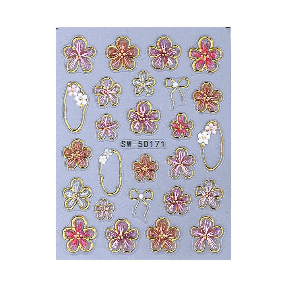 3D French Embossed Nail Stickers – White Pink Petal & Gold