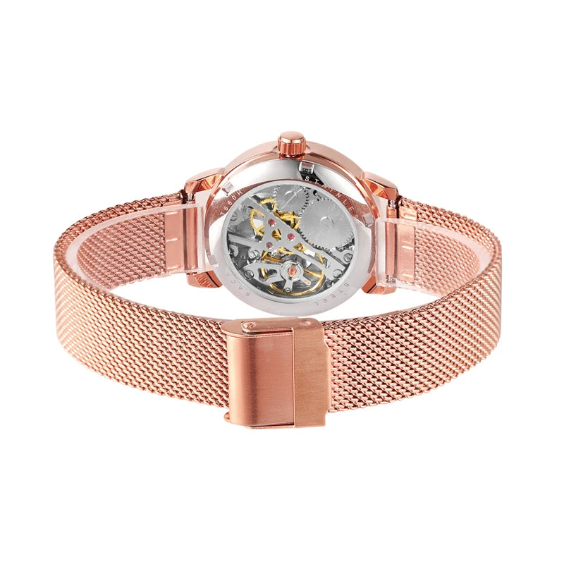 Women's Rose Gold Mechanical Watch – Mesh Band & Roman Dial