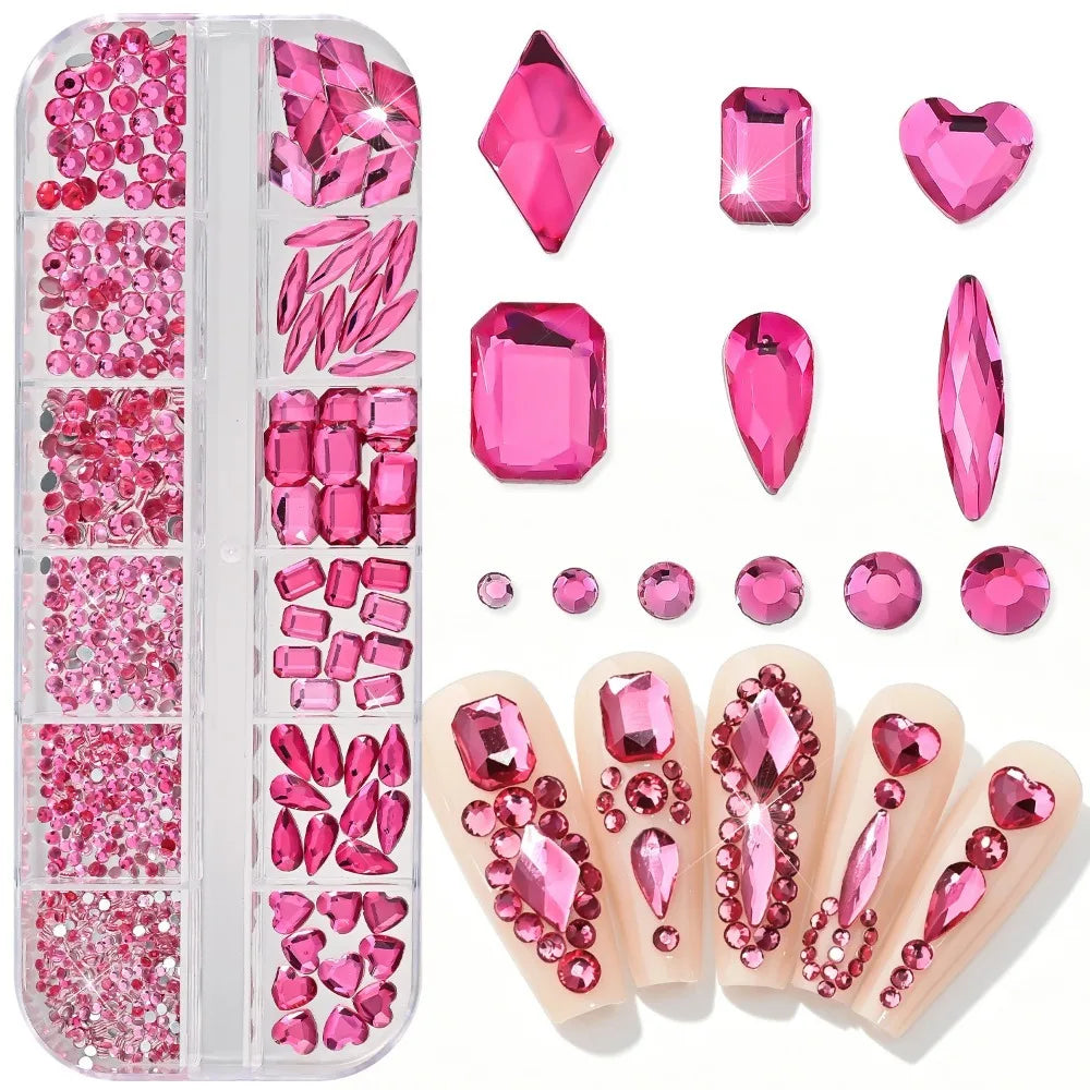 12-Grid 3D Nail Art Rhinestones – Mixed Flatback Gems & Charms