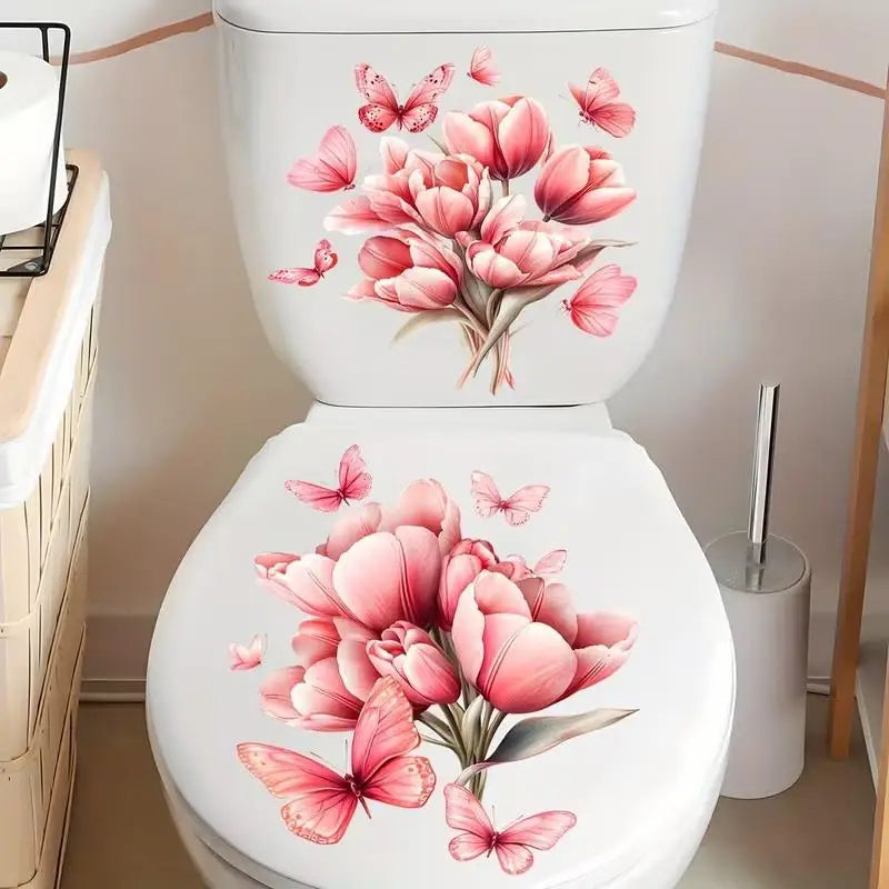 Floral Toilet Lid & Bathroom Wall Sticker – Waterproof PVC