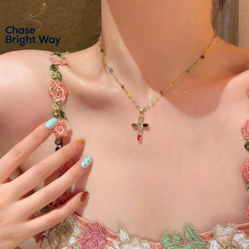 Y2K Colorful Zirconia Cross Pendant Necklace | Crystal Choker