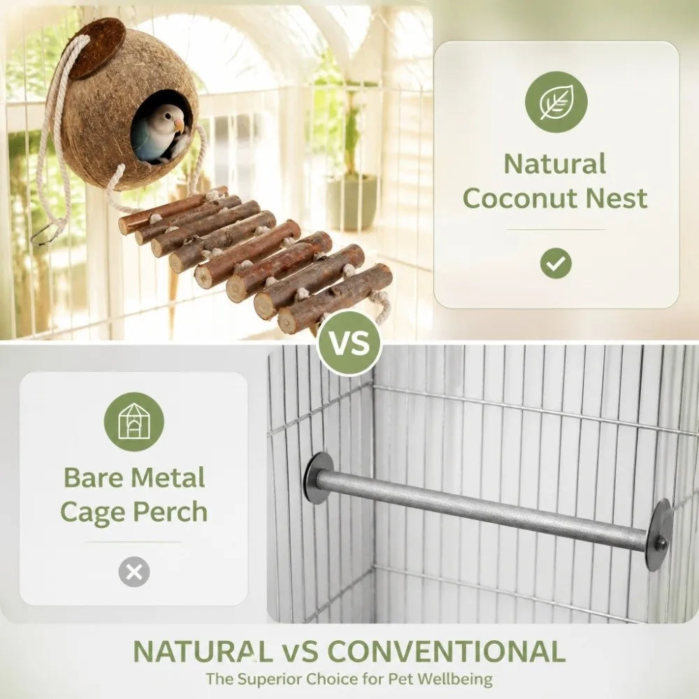 Coconut Shell Hanging Bird Hut with Rope Ladder | Parrot House