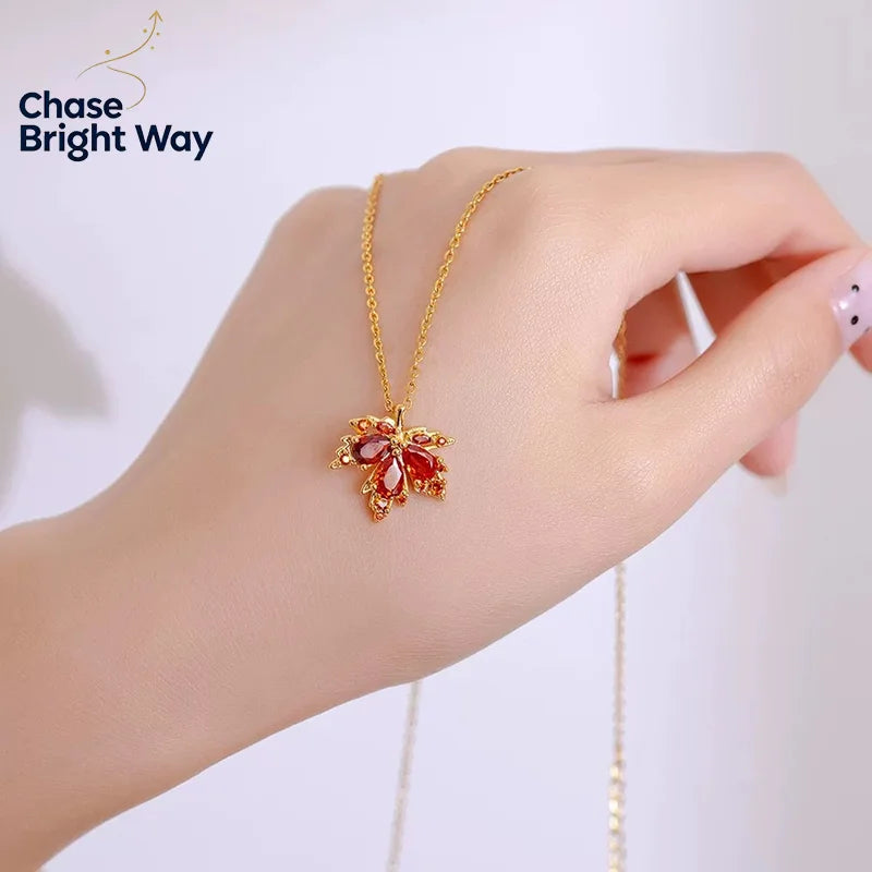 Red Leaf Pendant Necklace – Adjustable Chain for Women