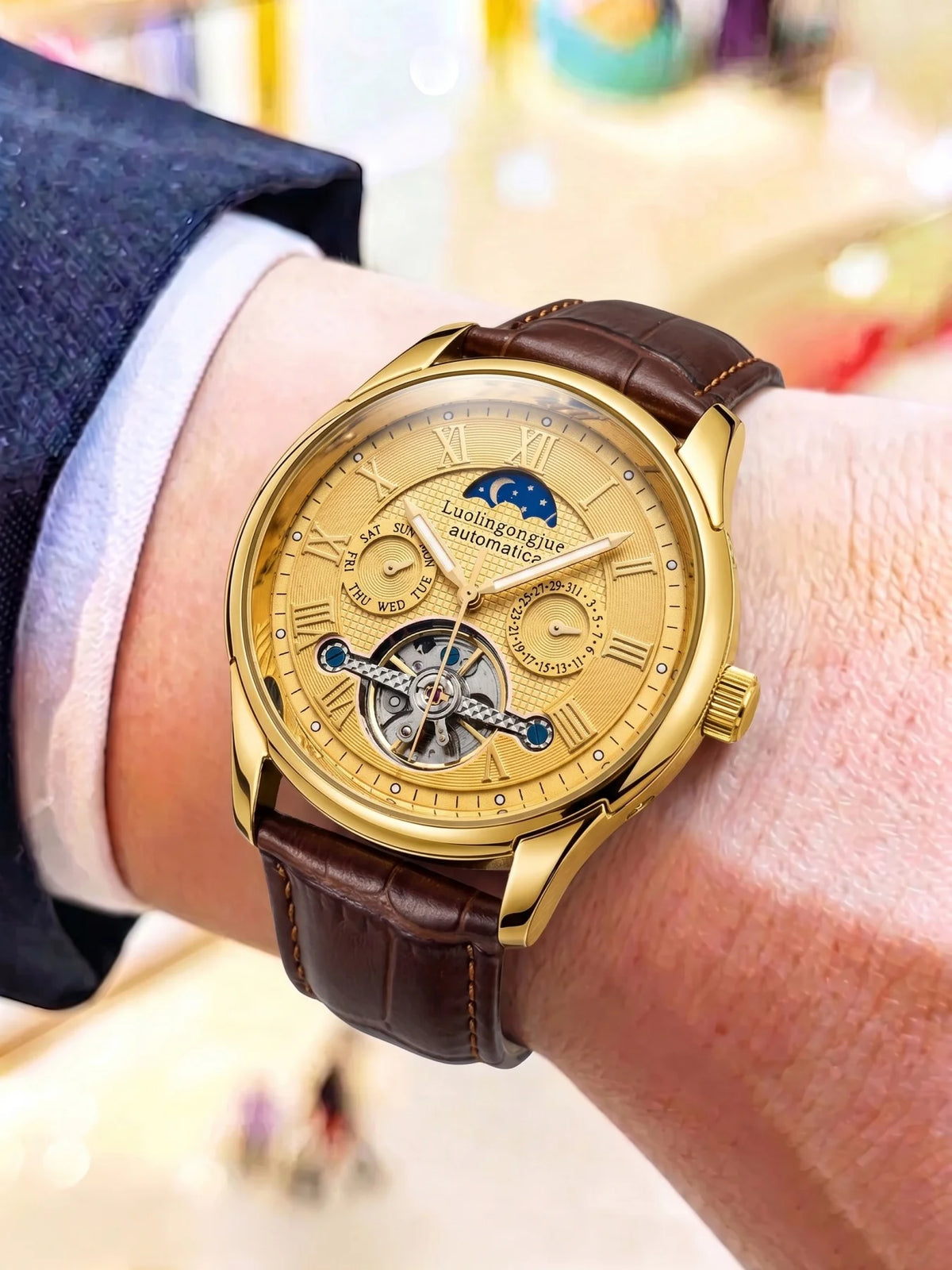 Skeleton Automatic Men's Watch – Moon Phase & Roman Numeral