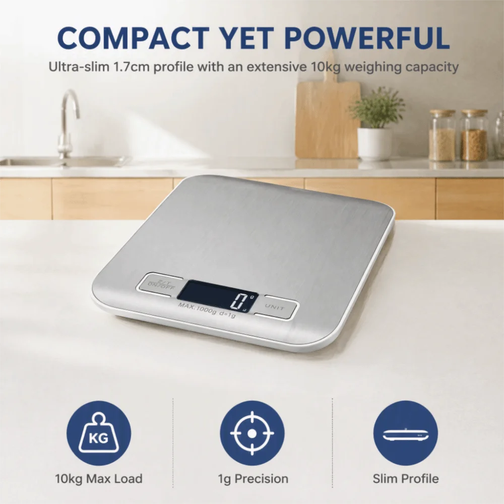 Digital Kitchen Scale LCD Tare Function 1g–10kg | Silver