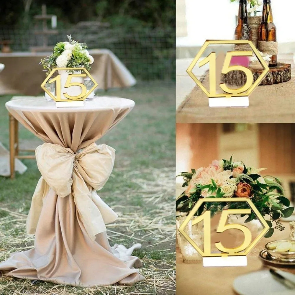Hexagon Acrylic Table Numbers 1–15 with Stands | Dark Green Gold