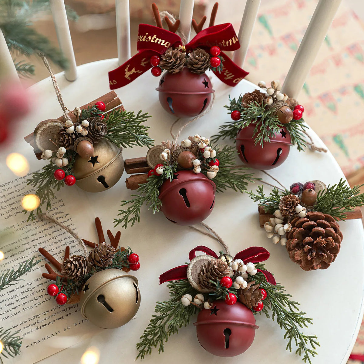 Vintage Christmas Hanging Ornaments – Bells, Antlers & Pinecones