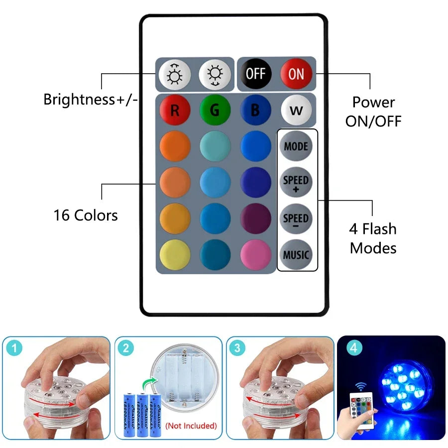 RGB Underwater LED Pool Light – 10 LED Remote IP68 Waterproof