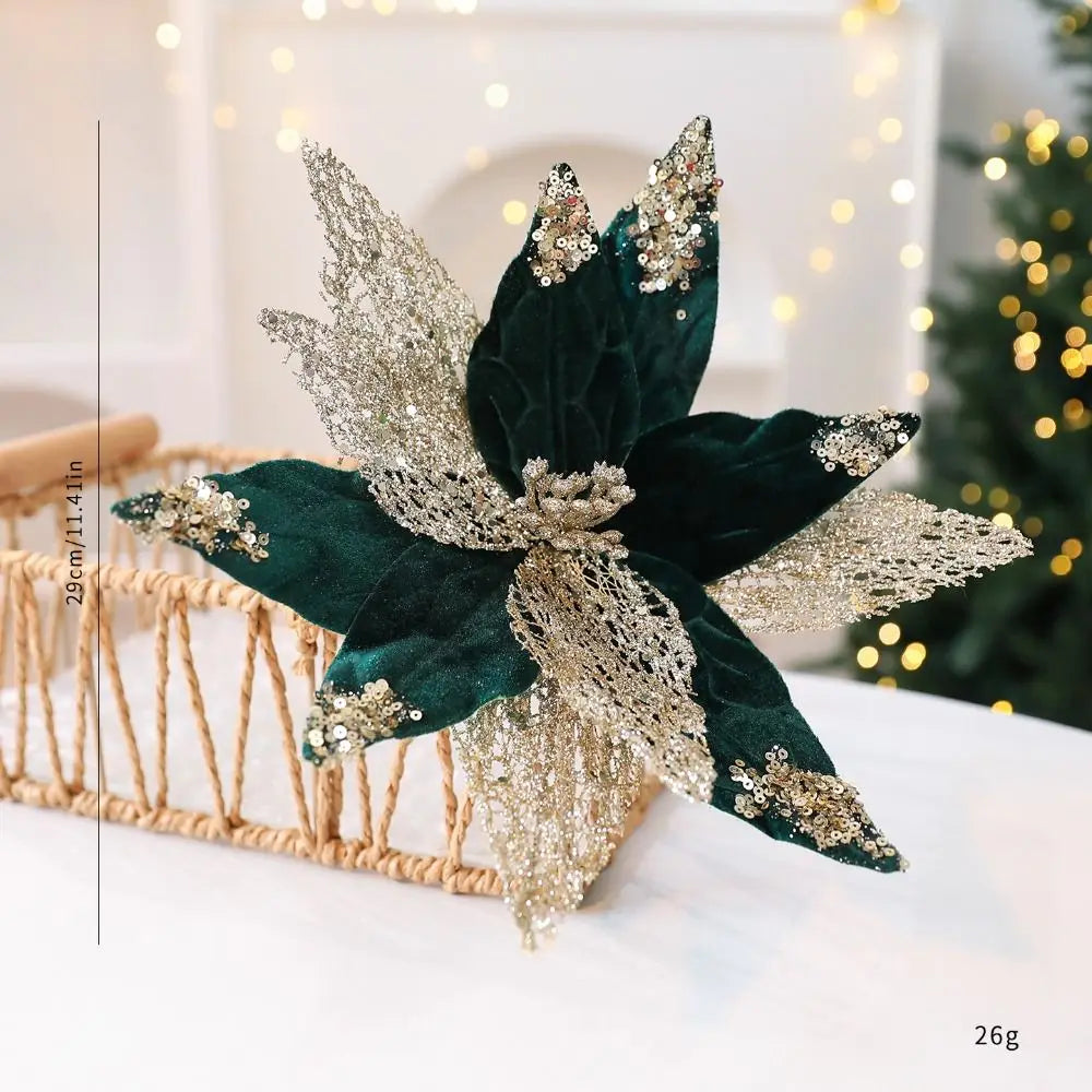 Glitter Christmas Artificial Flower 29cm – Flannel Fabric Xmas Decor