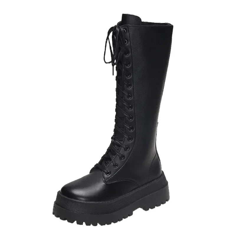 Women's Punk Platform Motorcycle Boots – Lace-Up Square Heel