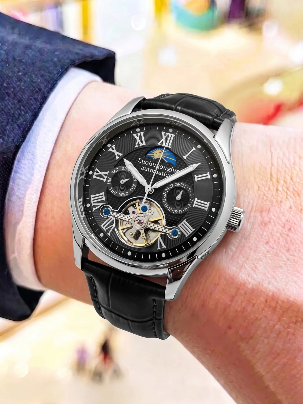 Skeleton Automatic Men's Watch – Moon Phase & Roman Numeral