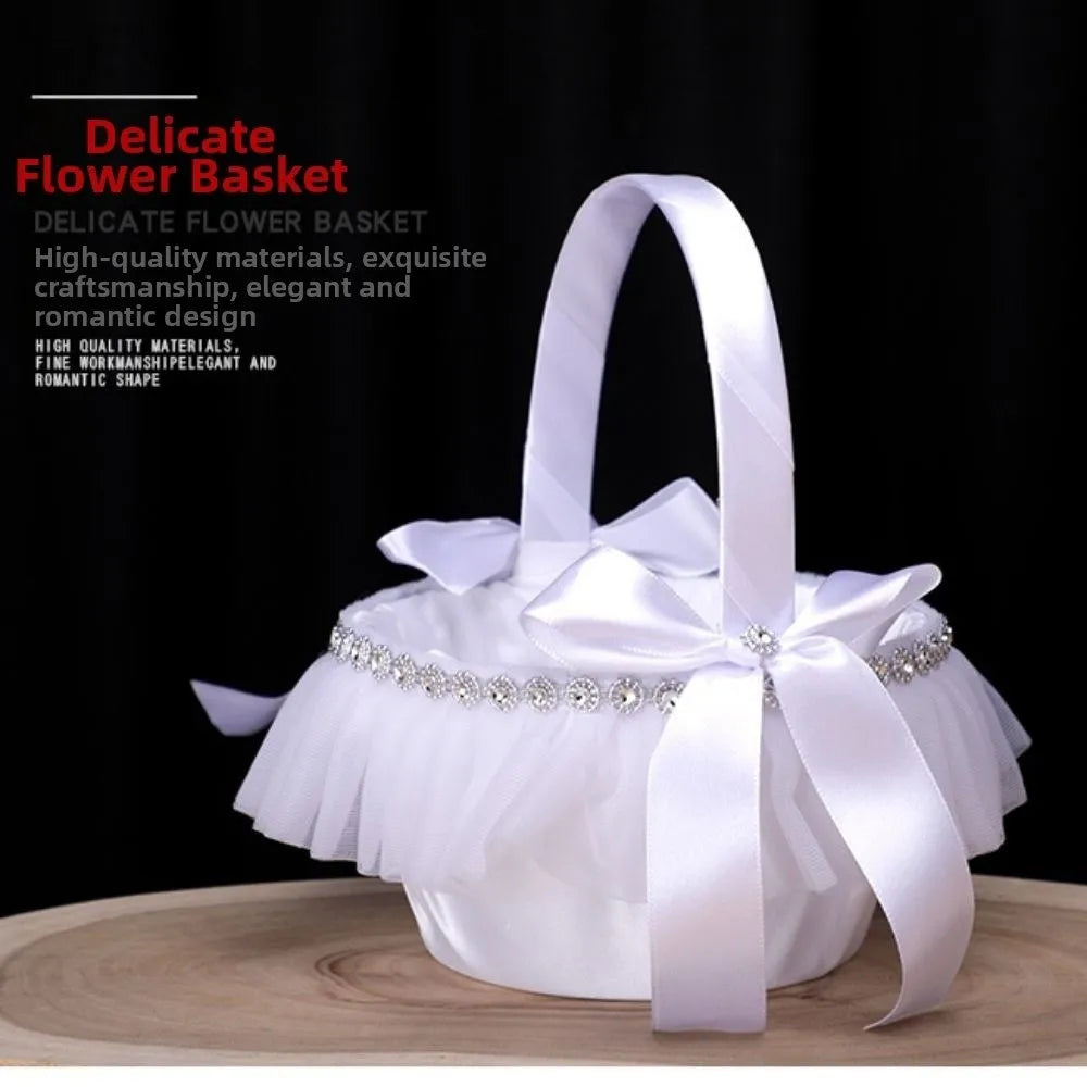White Satin Flower Girl Basket – 4 Styles | Pearl & Lace