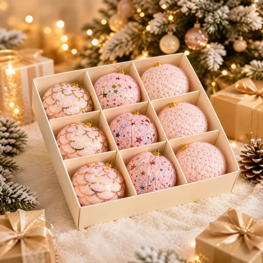 Plush Fabric Christmas Ball Ornaments – 9-Piece Gift Box Set