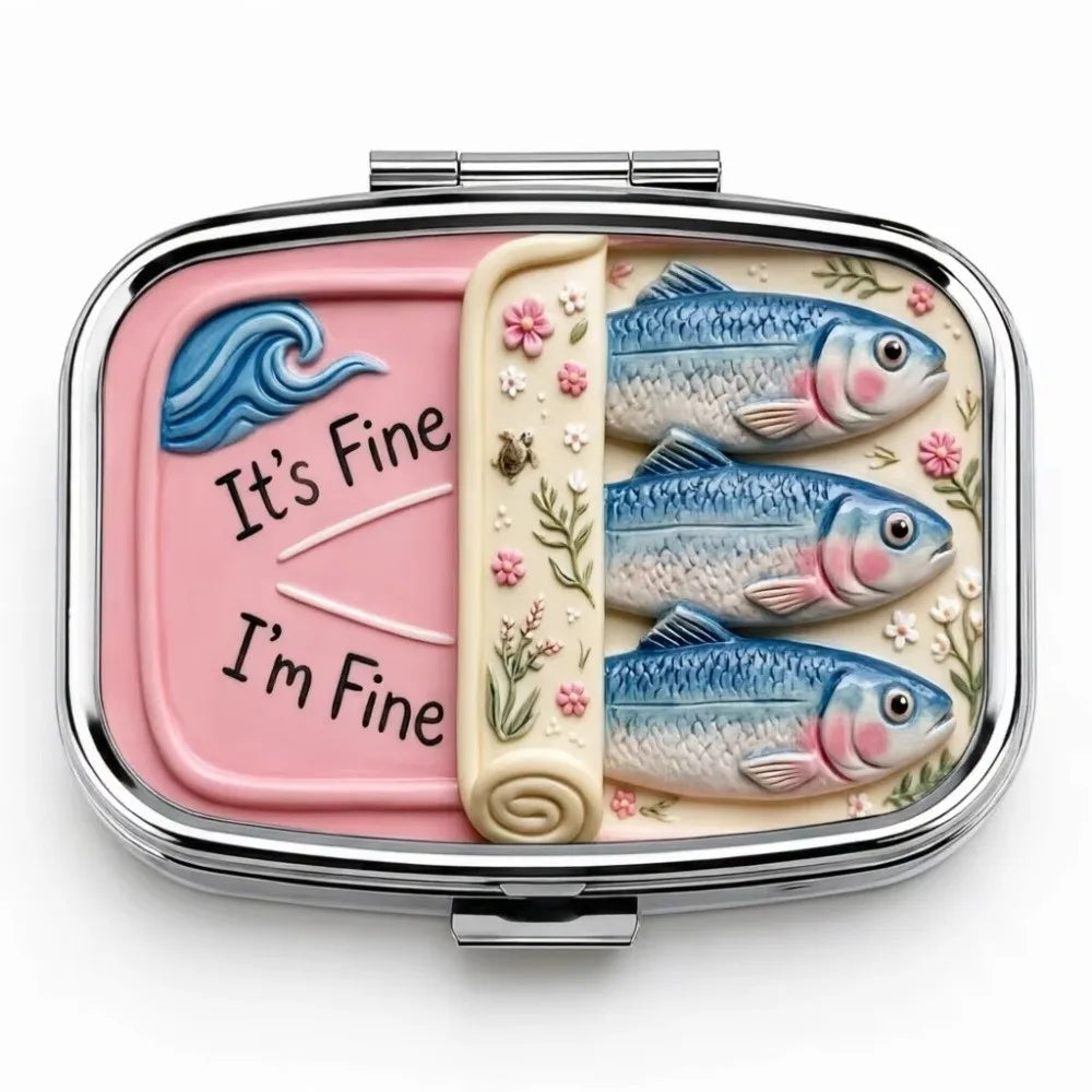Sardine Print Metal Pill Box – 2-Compartment Mini Travel Case