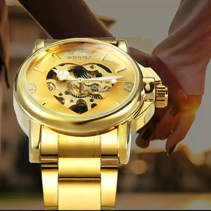 Women's Heart-Shaped Automatic Watch – Gold Hollow Dial
