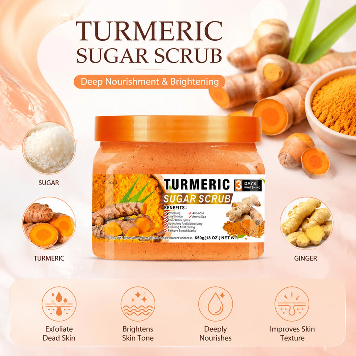 Turmeric Sugar Body Scrub 650g – Natural Brightening Exfoliator