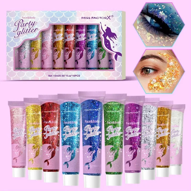 10-Piece Body Glitter Gel Set – Face, Hair & Nail Sequins