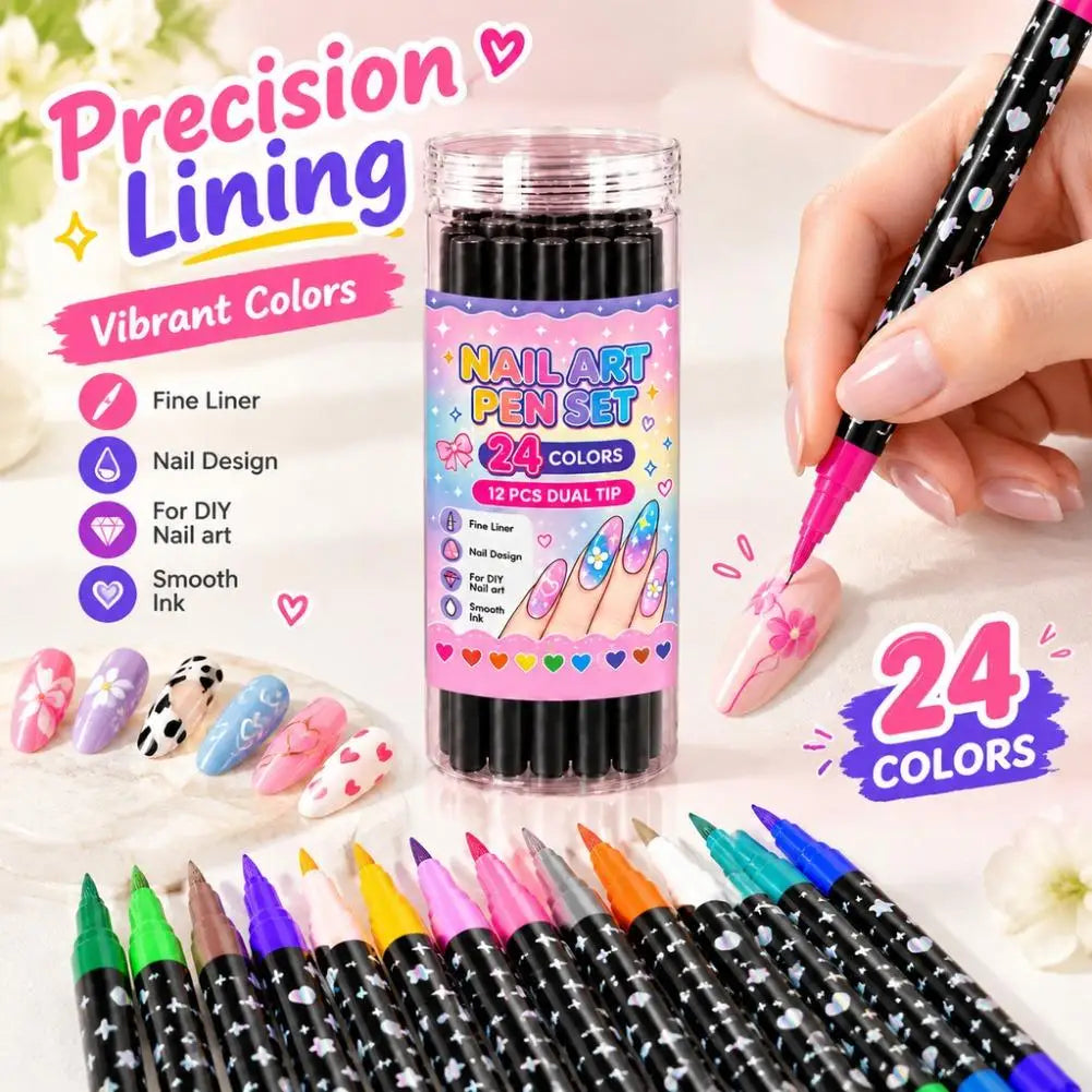 12-Pc Double-Ended Nail Art Pens – 24 Colors DIY Set