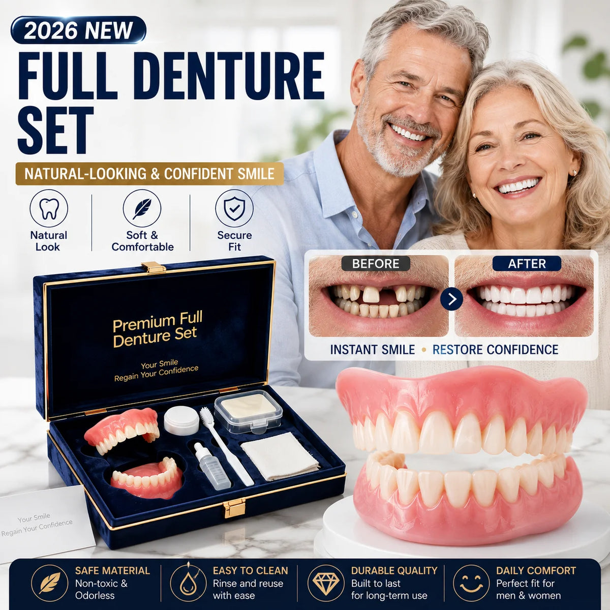 Silicone Denture Veneer Kit – Upper & Lower Teeth with Care Set