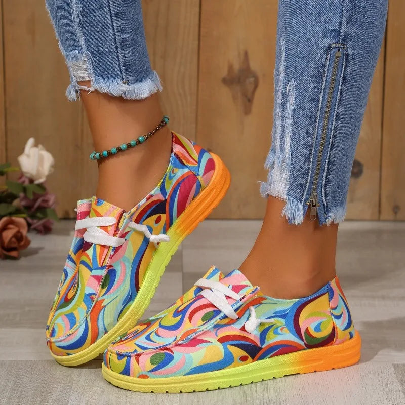 Women's Rainbow Canvas Flat Sneakers – Lace-Up Casual Shoes