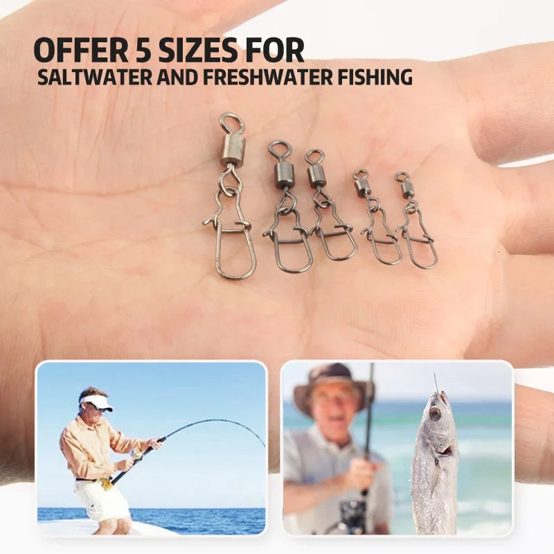 50-Pack Fishing Bearing Rolling Swivel with Snap – Sizes 4#–12#